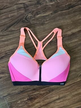 Victoria's Secret VSX Women's Pink And Orange Front Zip Racerback Sports Bra 32D